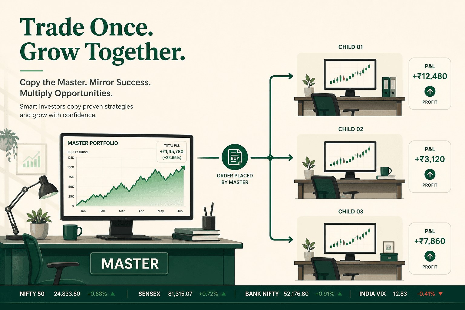 Master desk with rising green equity curve fanning orders to child desks showing profit chips